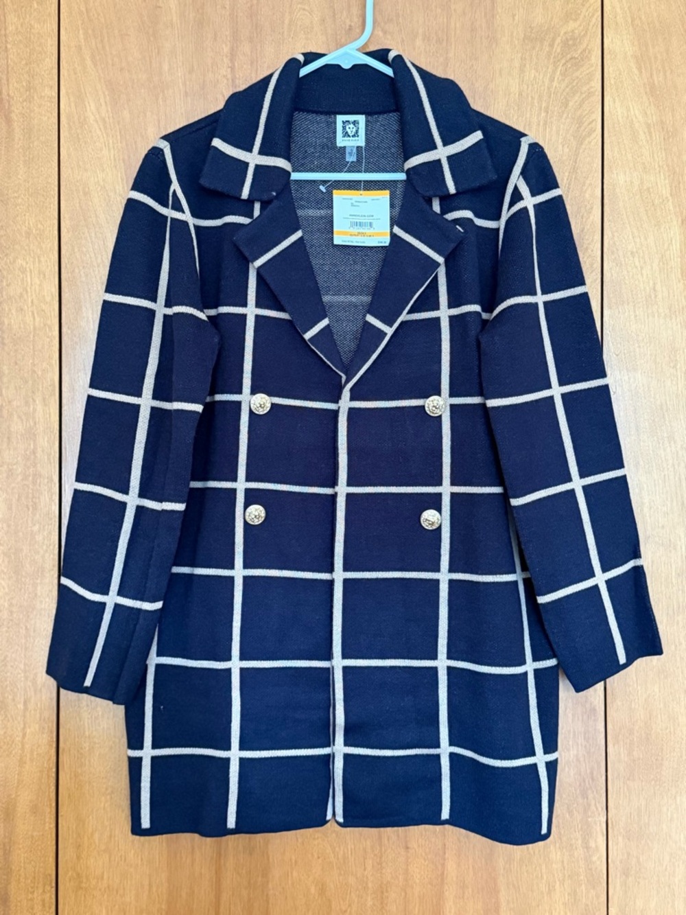 Anne Klein Navy and White Windowpane Double-Breasted Blazer S